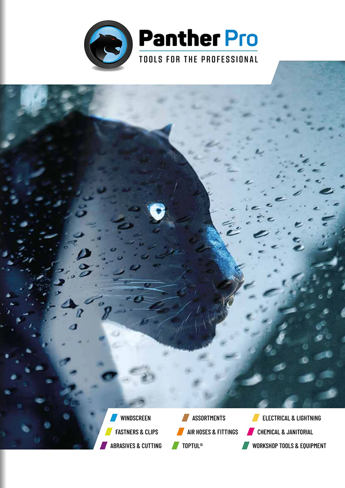 Front cover of the Panther Pro catalogue with an image of a black panther head looking from the left to the centre of the page. Raindrops covering the image. The Panther Pro logo is at the top of the page and a list of contents at the bottom