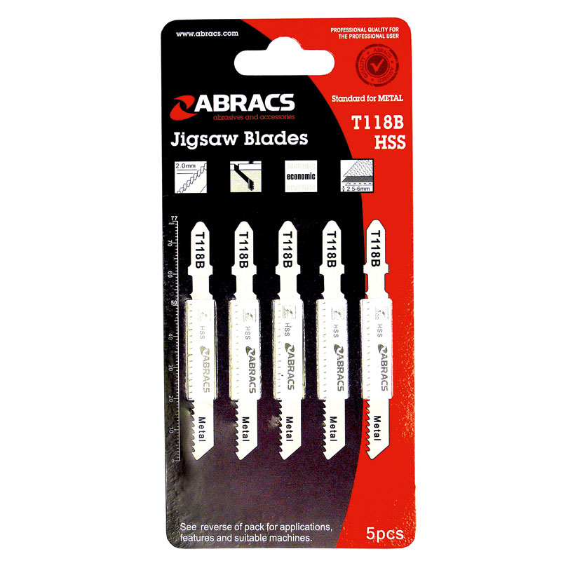 Jigsaw Blade T118A 1.9-2.3mm T/Spacing Pk5HSS For METAL Cutting 2.5-6mm Thick