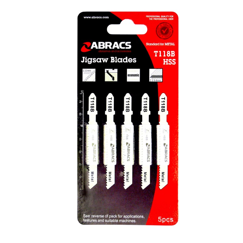 Jigsaw Blade T118B 1.1-1.5mm T/Spacing Pk5HSS For METAL Cutting 2.5-6mm Thick