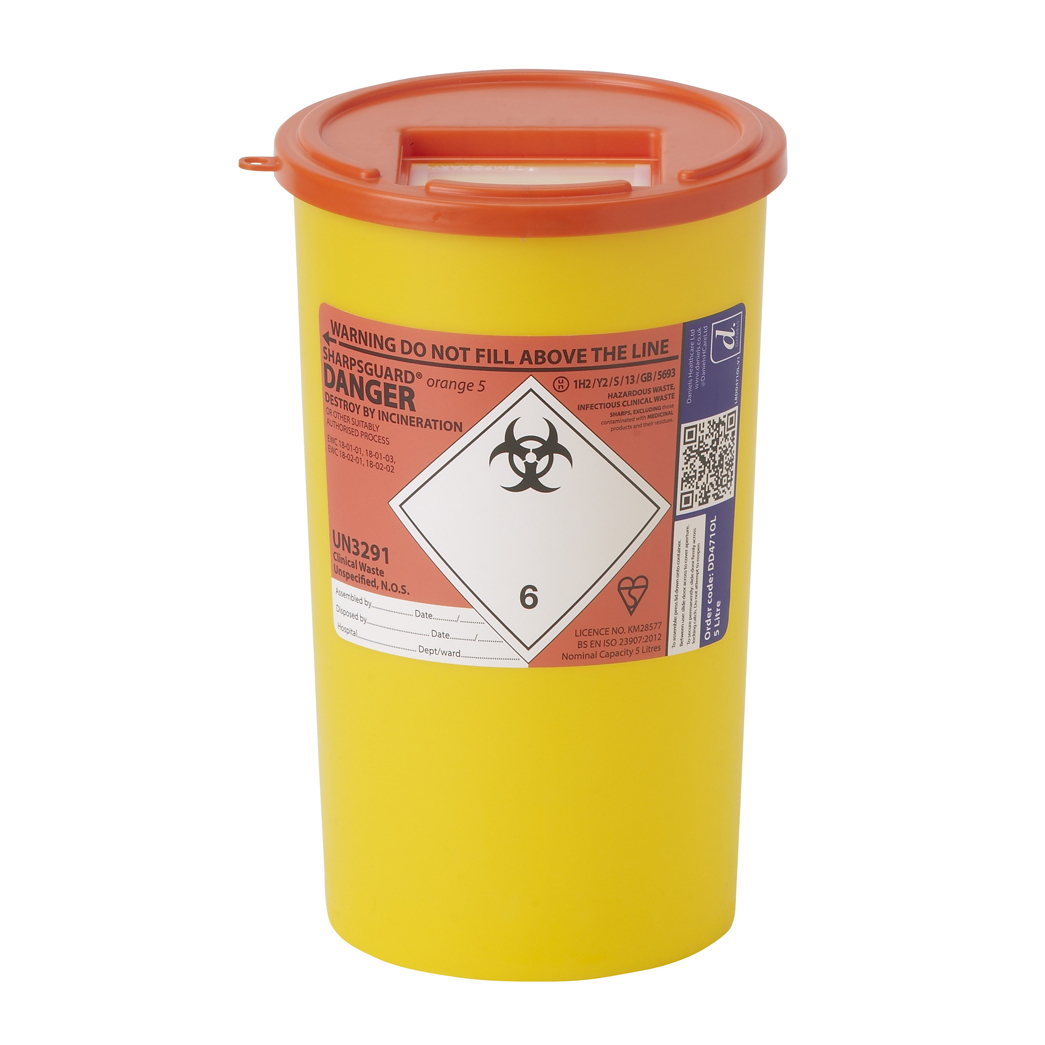 5 Litre Sharps Bin (Yellow c/w Orange Lid)